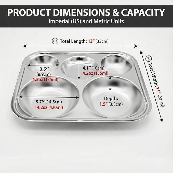 Korean Stainless Steel Divided Plates, Food Grade 304 Tray Large Size for Adults, Teens, Picky Eaters, Campers, BPA Free, Diet Portion Control, Serving Platter, Dinner Snack, Set of 2