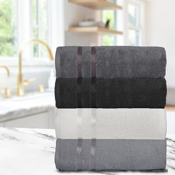 CASA COPENHAGEN Ember, 500 GSM, 27x55 Inches Large Bath Towels, Set of 4 Towels, Super Soft and Absorbent, Egyptian Cotton Towels for Bathroom & Shower - Light Grey +White +Black +Dark Grey