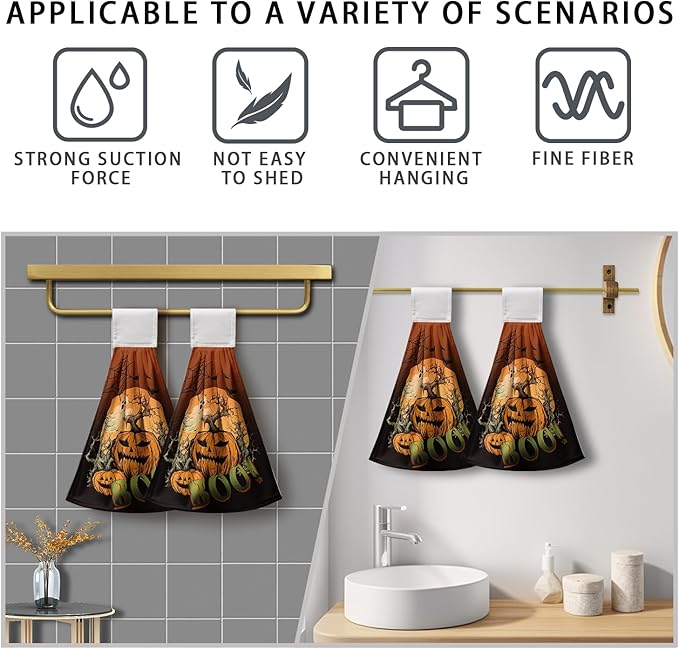 Halloween Boo Hanging Dish Towels Pumpkin Ghost Spooky Hand Towels with Hanging Loop Scary Moon Night Hanging Kitchen Towel Soft Absorbent Tea Towel for Halloween Home Bathroom Decor 2 Pcs