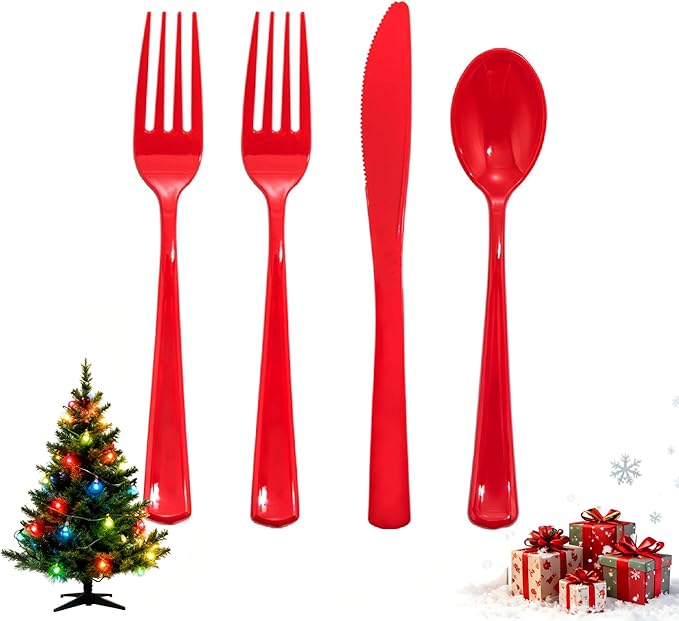 WDF 160 Piece Red Plastic Silverware - Heavy Duty Christmas Silverware of 80 Forks, 40 Spoons, 40 Knives - Red Plastic Utensils Perfect for Christmas Party & Daily Using