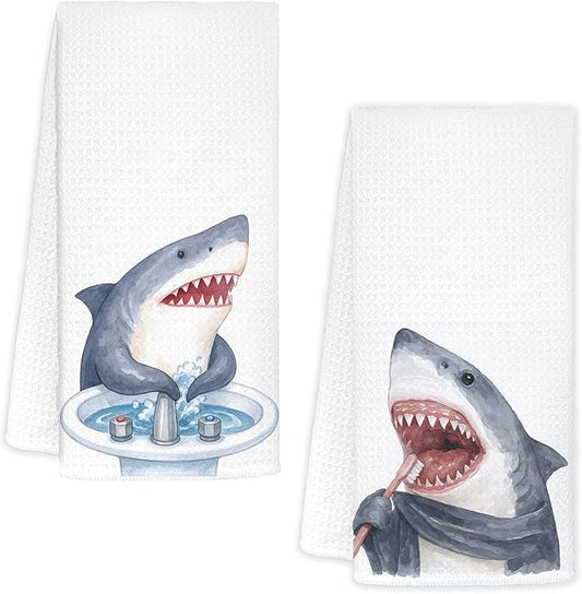 Shark Hand Towels,Toddler Bathroom Decor,Beach Towels,Coastal Beach Kids Bathroom Decor,Funny Shark Lovers Gifts 16x24 Inch Set of 2