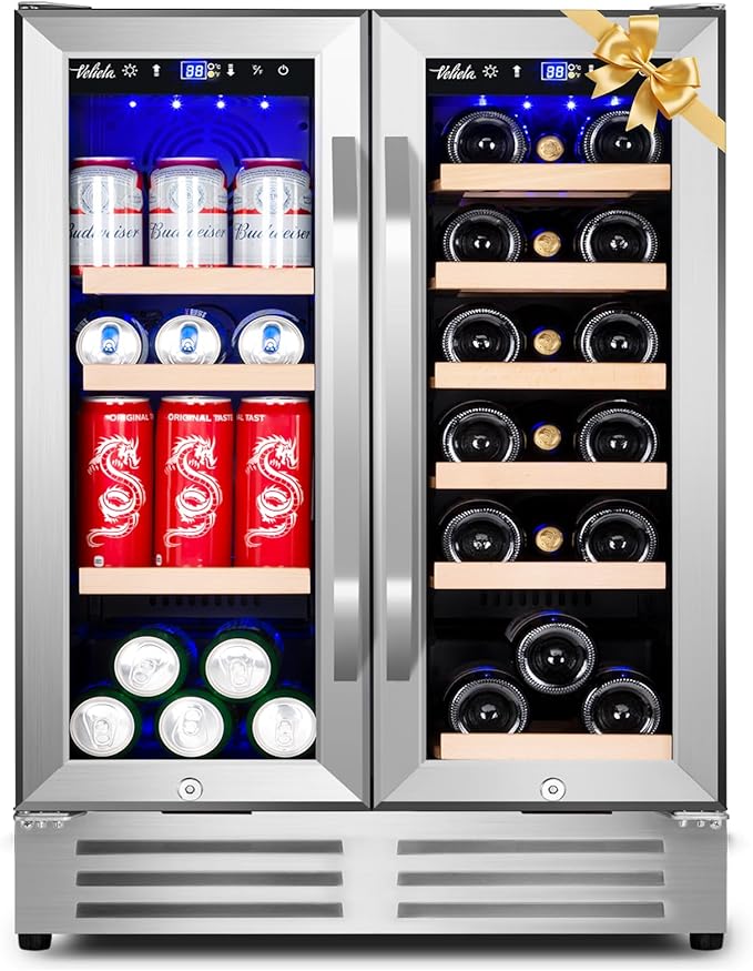 Wine and Beverage Refrigerator, 24 Inch Dual Zone Fridge with Glass Door, Built-In Cooler with Powerful and Quite Cool System/18 Bottles and 88 Cans Capacity Bverage Cooler