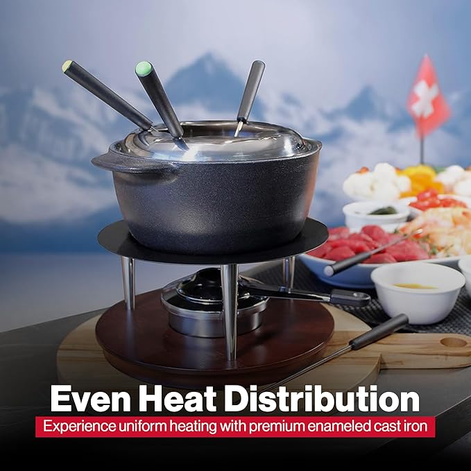 Swissmar Summit 10-Piece Matte Black Cast Iron Fondue Set - Ideal for Melting Cheese, Chocolate, Butter, & More - Perfect for Kitchen Collection & Wedding Gift Giving - 1Liter / 1.05 Quart