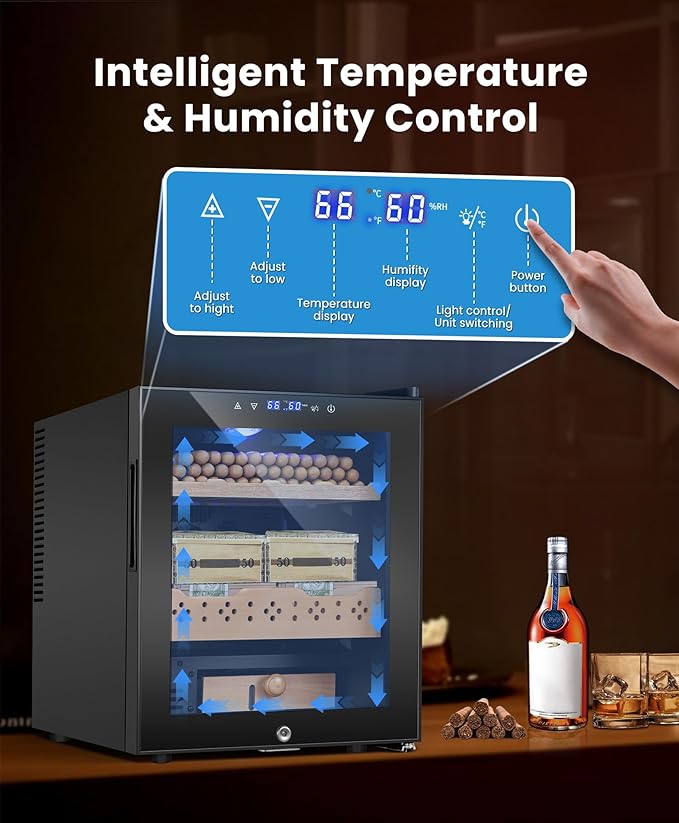 Electric Cooler Cabinet Desktop Cabinet 50L with Professional Temperature and Humidity Digit Control System Spanish Wood Shelves 350 Capacity for Home Office Gift