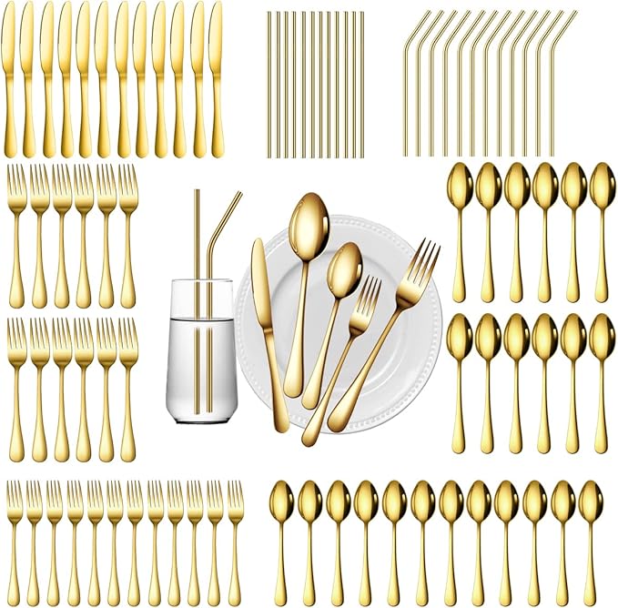 84 Pieces Gold Silverware Service for 12 Flatware Set Stainless Steel Utensils Cutlery Set Dishwasher Safe Flatware (Gold, 84)