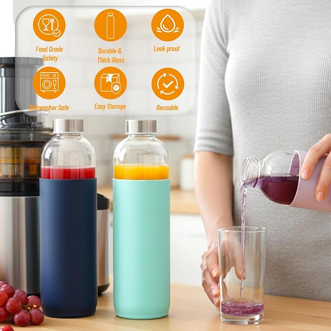 32 oz Glass Water Bottles with Lids and Silicone Sleeve, Reusable Juice Bottles with Stainless Steel Leak Proof Cap, Beverage Storage Containers for Juicing & Water, BPA Free Set of 3