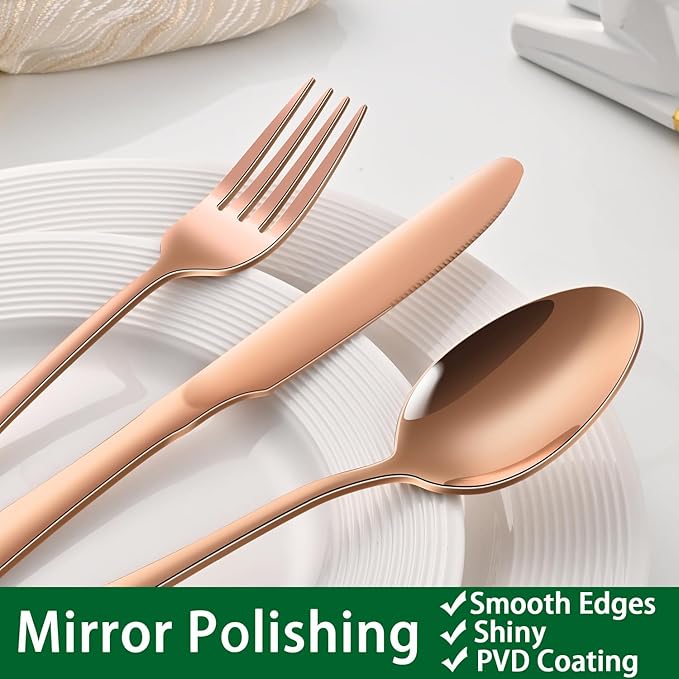 Rose Gold 24 PCS Flatware Sets With Steak Knives Service For 4 Person,Copper Eating Untensils Set For Kitchen,Silverware Set Includes Knife Spoon And Fork Set