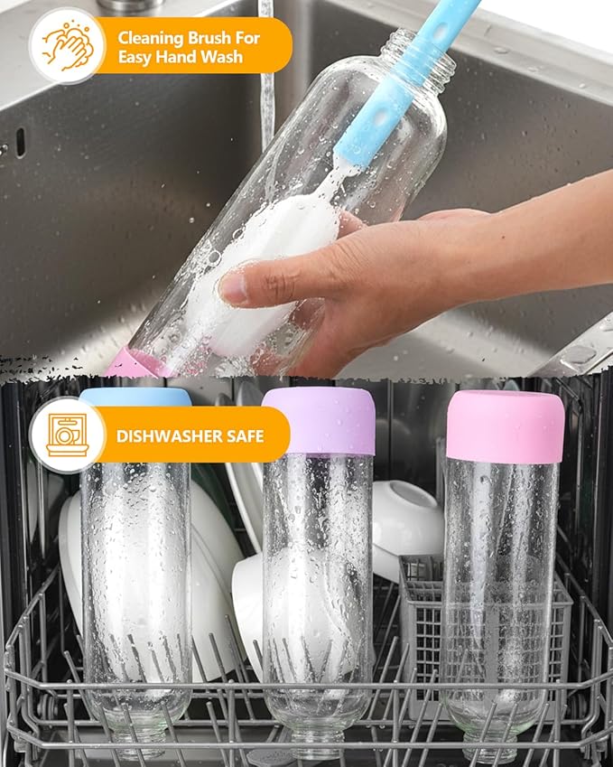 Zukro 32 oz Glass Juice Bottles With Lids, 3 Pack Large Clear Glass Bottle with Airtight Stainless Steel Lids For Juicing, Water, Homemade Drinks, Non-slip Silicone Base, Leak Proof & BPA Free