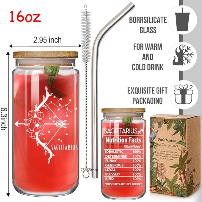 Sagittarius Zodiac Beer 16oz Can Glass Cup Constellation Gift for December Birthday Women Girls Friend Sister, Sagittarius Constellation Sign Star Drinking Jar for 12 Astrology Lovers with Gift Box