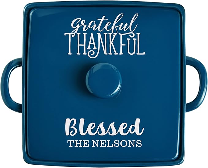 Let's Make Memories Personalized Grateful, Thankful, Blessed Stoneware - Navy Casserole Dish