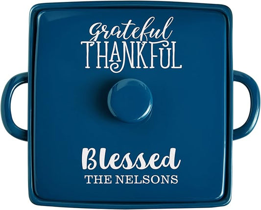 Let's Make Memories Personalized Grateful, Thankful, Blessed Stoneware - Navy Casserole Dish