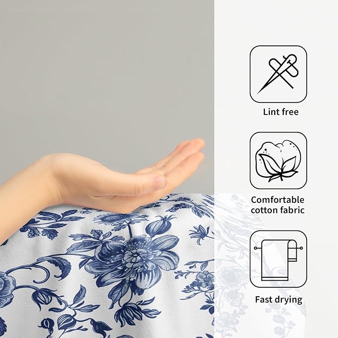 Blue Flowers Hand Towels 14.4 x 28.3 Inch Set of 2 Blue White Decorative Vintage Floral Bathroom Towels Soft Absorbent Microfiber Tea Towel Dish Towel for Sport,Yoga,Gym,Spa