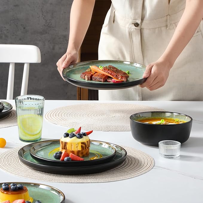vancasso Plates and Bowls Sets, 18 Pieces Stoneware Dinnerware Sets for 6, Kitchen Dish Set Mircowave and Dishwasher Safe Ceramic Dishware, Turf Green, Series AMBER