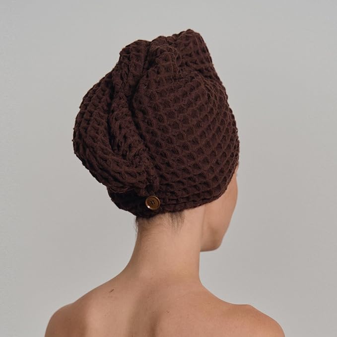 100% Organic Cotton Hair Drying Waffle Towel Wrap for Women | Absorbent & Quick Dry Head Turban for Wet Hair in Shower Sauna Spa, Extra Large for Long Straight Curly Plopping Button (Brown, 1 PACK)