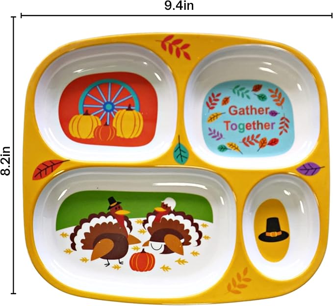 4E's Novelty Set of 4 Fall Thanksgiving Melamine Dinnerware Sets for Kids – Autumn Sectioned Toddler Plates With Dividers, BPA-Free Reusable Dishwasher Safe