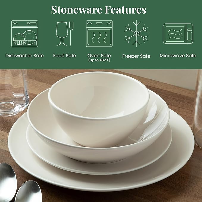 Larder & Vine Ceramic Stoneware Dinnerware 16-Piece Set, 4 Place Settings (White)