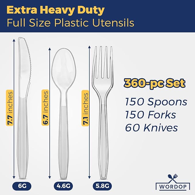 360 Count Extra Heavy Duty Plastic Silverware Set – Heat Resistant & BPA Free Disposable Silverware Cutlery 150 Forks, 150 Spoons, 60 Knives – Clear Premium Plastic Utensils for Parties & Events