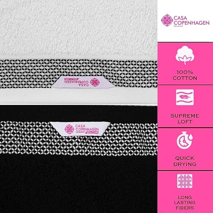 CASA COPENHAGEN Solitaire Mix 6 Pieces Towel Set- White + Jet Black, 600 GSM 2Bath Towel 2Hand Towel 2Washcloth, Designed in Denmark Made of Soft Egyptian Cotton for Bathroom, Kitchen & Shower