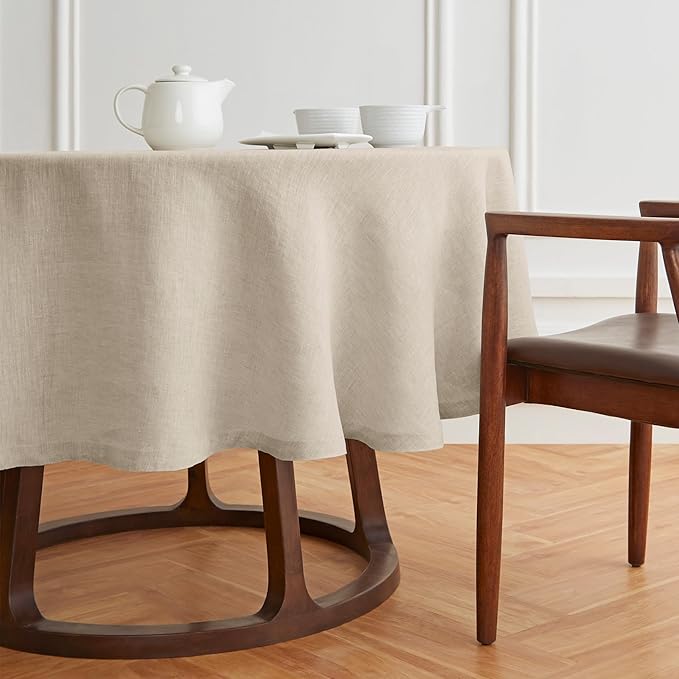 Solino Home Linen 60 Inch Round Tablecloth - 100% Pure Linen Flax Round Tablecloth - Machine Washable Table Cloth for New Year - Sonoma