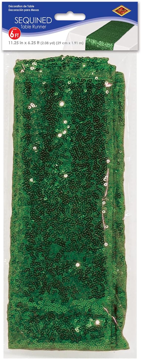 Beistle Rectangluar Shiny Sequined Table Runner For Party Event Birthday Wedding Baby Shower Christmas Holiday Celebration Decorations, 11.25" x 75", Green