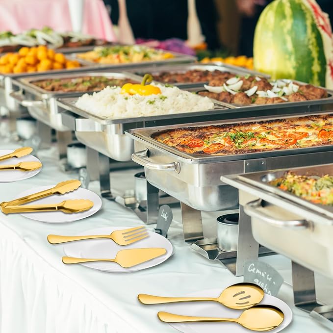 Serving Utensils, XEVOM 6-Piece Stainless Steel Serving Utensil Set Include Serving Spoon, Slotted Serving Spoon, Serving Fork,Serving Tong, Appetizers Tong,Pie Server(Gold)