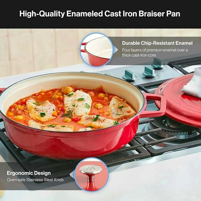 Misen 5.5 QT Braiser – Enameled Cast Iron Pan for Searing, Braising & Slow Cooking – No-Chip Enamel Coating – Extra-Wide Handles – Superior Heat Retention & Even Cooking - Red
