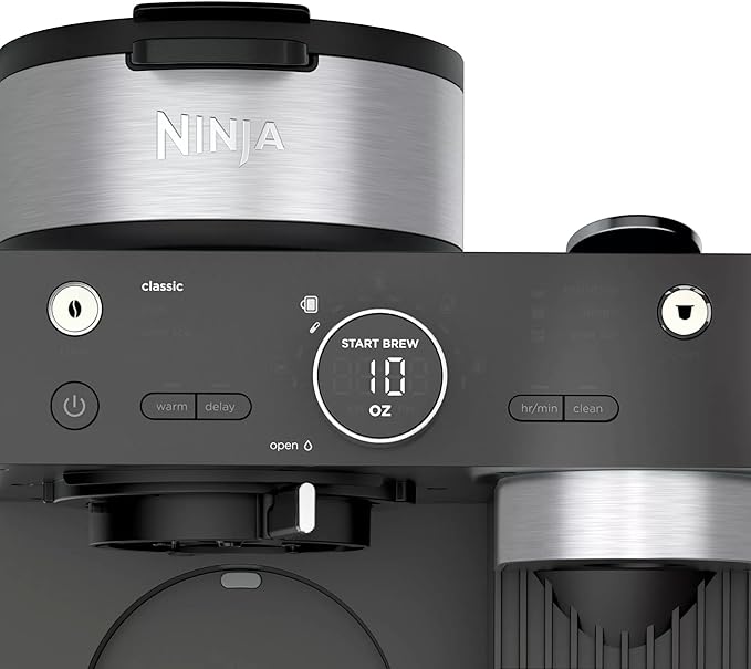 Ninja CFN601 Espresso & Coffee Barista System, Single-Serve Coffee & Compatible with Nespresso Capsule, 12-Cup Carafe, Built-in Frother, Cappuccino & Latte Maker, Black & Stainless Steel (Renewed)