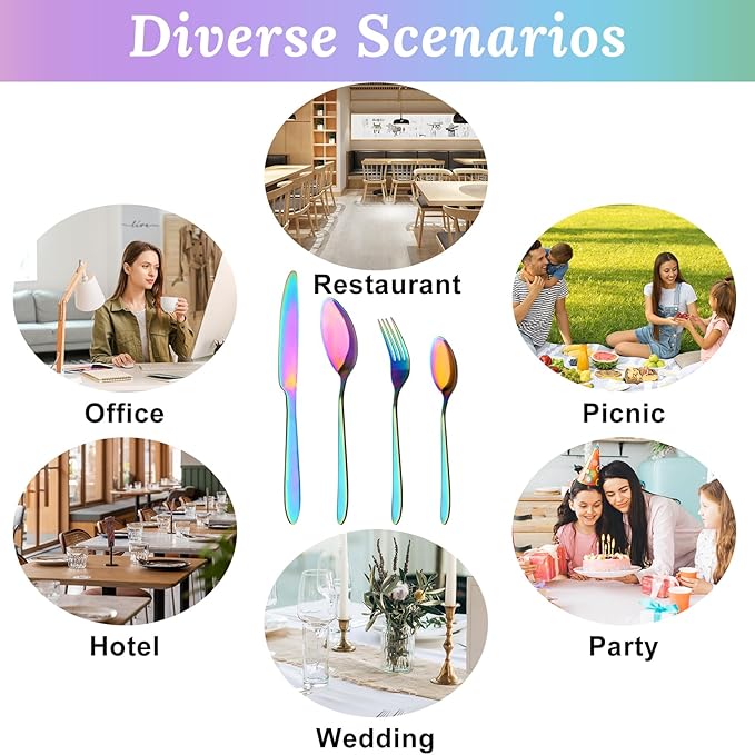 16PCS Rainbow Silverware Set, Stainless Steel Colorful Cutlery Set Include Knife Fork Spoon, Mirror Polished Reusable Tableware Utensil Sets for Home Restaurant Kitchen(Dishwasher Safe)
