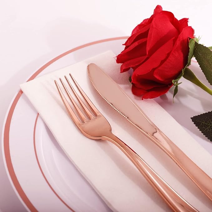 WDF 300 Pieces Rose Gold Plastic Silverware- Disposable Flatware Set - Heavy Duty Plastic Cutlery Includes 100 Forks, 100 Spoons, 100 Knives Perfect for Valentines day, Wedding, Party