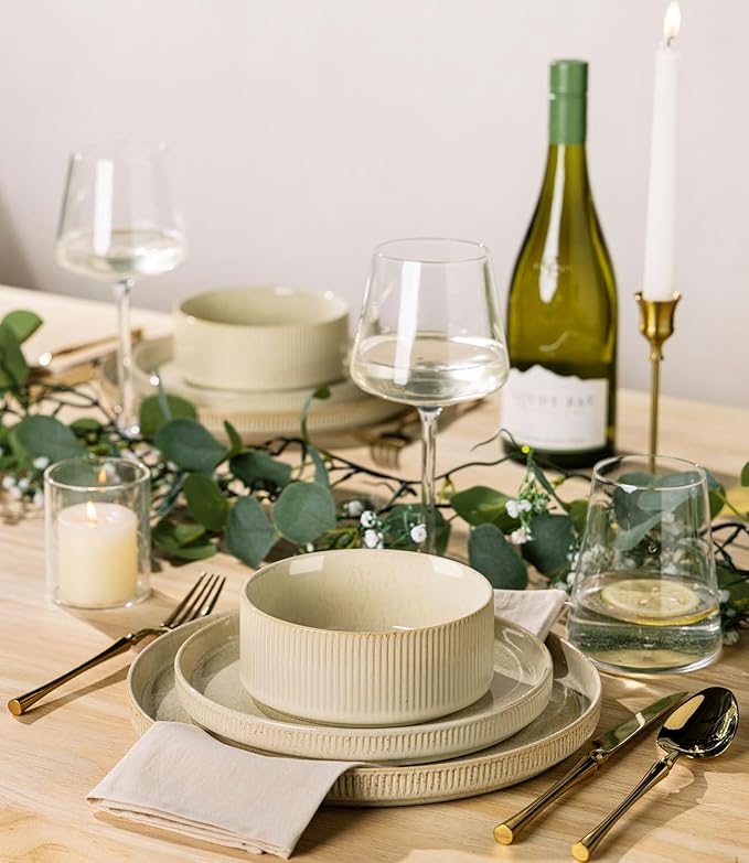 TheTerra Ceramic Dinnerware Sets for 8, 24 Pieces Porcelain Lightweight Plates and Bowls Sets, Scratch Resistant Dish Set, Oven & Microwave & Dishwasher Safe, Cappuccino