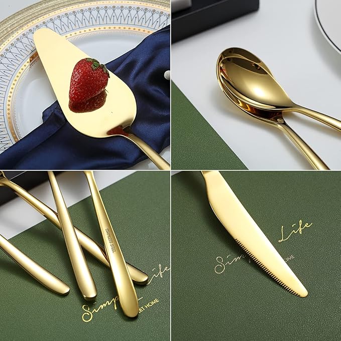 Gold Silverware Set 46 Piece - Stainless Steel Flatware, Cutlery & Utensil Set With Cake Server, Serving Spoon, Fork, Sugar Spoon, Butter Knife (Shiny Gold)