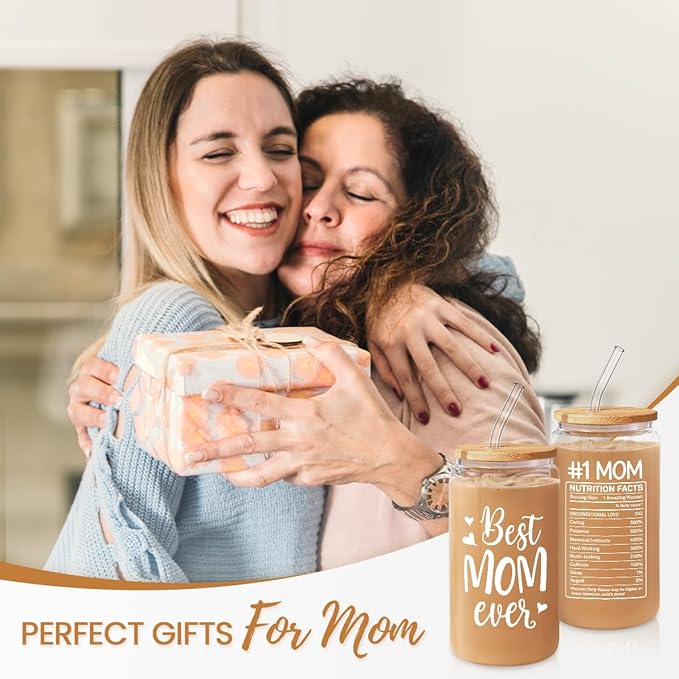 SANDJEST Gifts for Mom from Daughter Son - Mom 16 Oz Can Glass Coffee Cup with Bamboo Lid & Straw - Mothers Gift for Women on Birthday Mothers Day Valentines