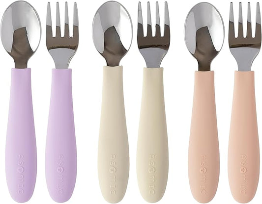 ASOMIC Premium 316 Stainless Steel Cutlery Set with Food-Grade Silicone Handles for Toddlers & Kids, 6-Piece Utensils Set with Safe Spoons & Forks, Durable & Dishwasher Safe (Pink/Lavender/Ivory)