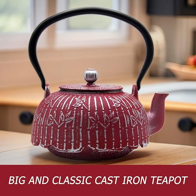 Tea Kettle, Japanese Cast Iron Teapot with Stainless Steel Infuser, Cast Iron Tea Kettle, Durable Teapot Coated with Enameled Interior (40.6oz Burgundy Bamboo Leaf Pattern)