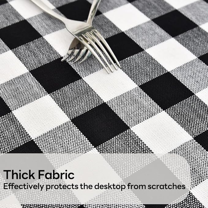 Gingham Round Tablecloth Table Cloth Heavy Duty Cotton Checkered Table Cloth Round Cover for Dining Room (R-Black, 53 inch Diameter)