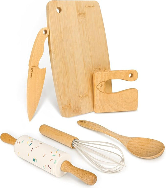 Wooden Kids Safe Knife and Kids Baking Set for Real Cooking, 6 PCS Toddler Montessori Kitchen Tools, Cooking and Baking for Little Chefs