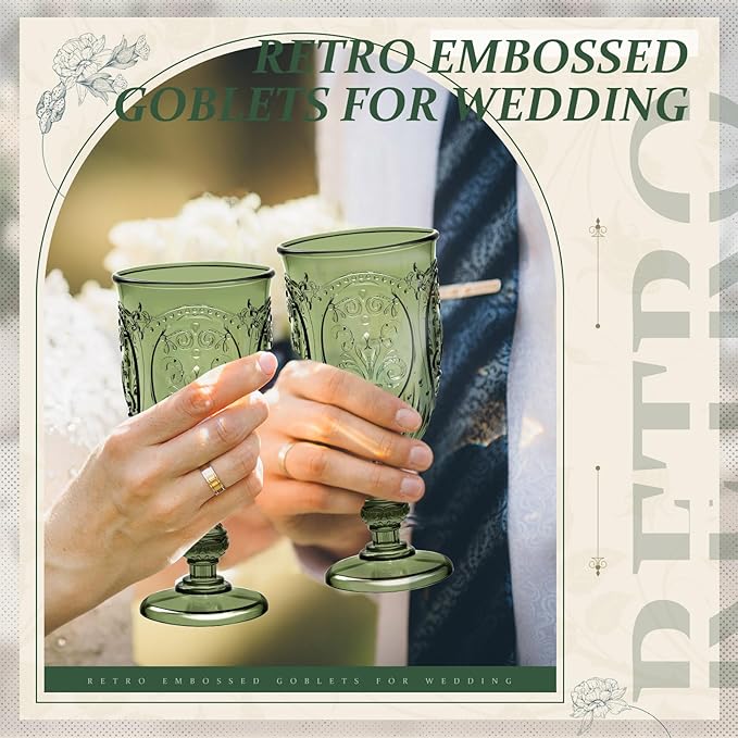 100 Pcs Plastic Goblets 7.5oz Vintage Goblet Plastic Wine Glasses Colored Retro Embossed Water Goblets for Wine Bar Juice Baby Shower Wedding Reception Grand Event Party (Olive Green)