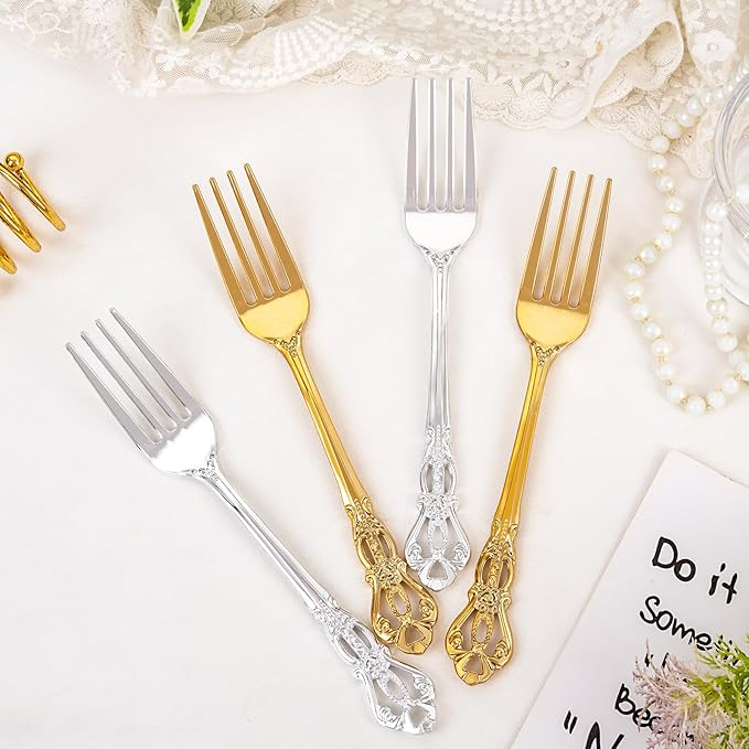 75PCS Gold Plastic Forks - 8.1inch Gold Forks Disposable - Vintage Heavy Duty Dessert Forks - Premium Fancy Plastic Silverware for Parties, Weddings, Dinners and Events