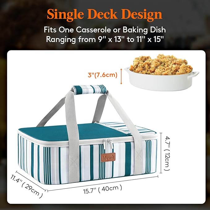 Lifewit Insulated Casserole Carrier for Hot or Cold Food, Casserole Dish Carrying Case, Lasagna Holder for Potluck Parties Picnic Cookouts, Fits 9"x13" Baking Dish, Green