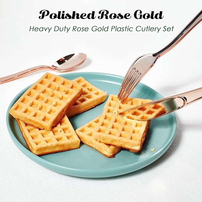 FOCUSLINE 300 Pack Disposable Rose Gold Plastic Forks, Solid and Durable Plastic Cutlery Forks, Heavy Duty Disposable Utensil Silverware for Catering, Parties, Dinners, Weddings