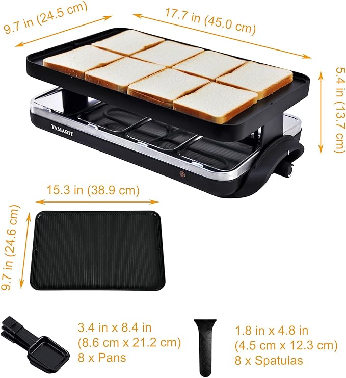 TAMARIT Classic 8 Person Raclette Grill 1500W Electric Tabletop Griddle with Reversible Plate, 8 Non-Stick Cheese Trays and Spatulas Indoor Portable Korean BBQ Barbecue Party Grill Black