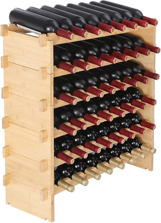 VEVOR 6-Tier 48 Bottles Stackable Modular Wine Rack, Freestanding Wines Holder Display Shelf, Solid Bamboo Wood Storage Racks, Wobble-Free Shelves for Kitchens, Dining Rooms, Cellars, Natural Color