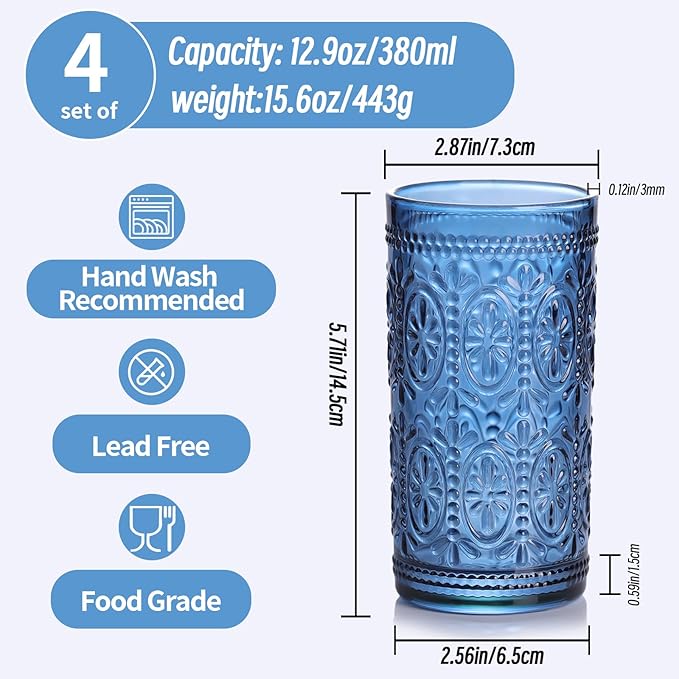 Blue Drinking Highball Beverage Glass Cup, Vintage Drinking Glasses, Colored Glassware Set for Party Wedding, Home, Office, Water, Juice, Cocktail, Highball Glasses Set of 4