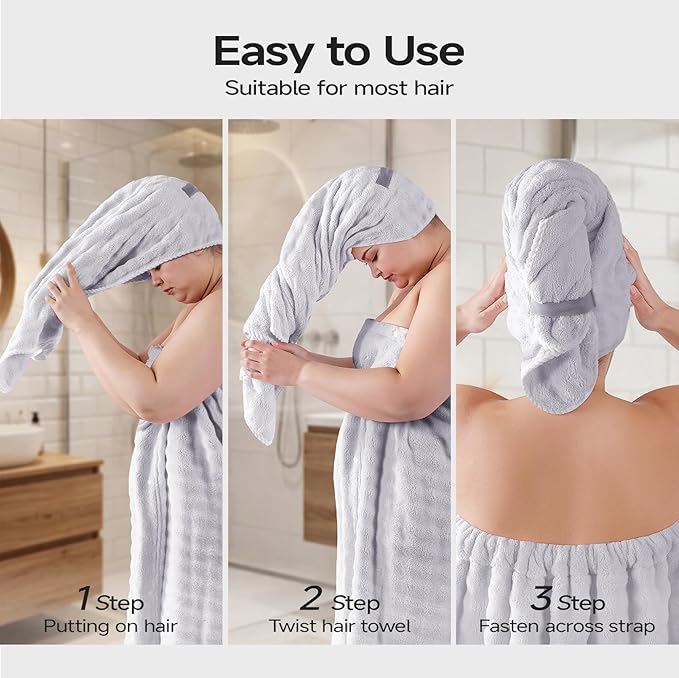 REDKISS Grey Towel Wrap for Women, XL Spa Shower Wrap with Hair Towel, Super Absorbent Bath Towels Robe for Body, Adjustable Microfiber Plush Bathrobe for Girls, Warmth Velcro Plus Size Wraps Towels