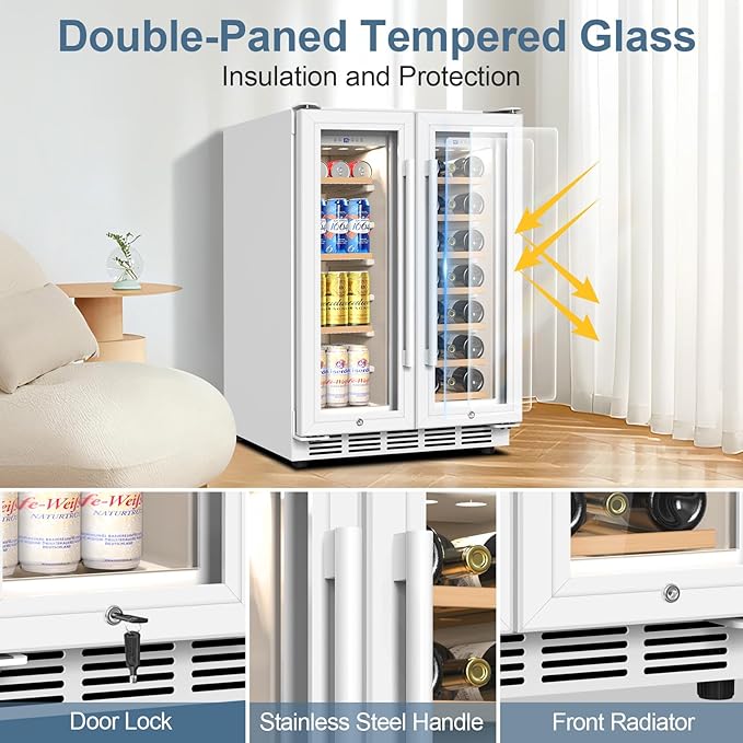 Wine and Beverage Refrigerator, 24 Inch Beverage Cooler Dual Zone with Glass Door, Under Counter Beverage Fridge with Upgraded 65 Cans 18 Bottles Large Capacity, White