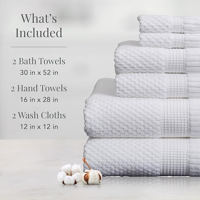 NY Loft 100% Cotton 6 Piece Bath Towel Set | White Towels | Oeko-TEX® Standard 100 | Soft & Absorbent, Quick-Dry | 2 Bath Towels 2 Hand Towels and 2 Washcloths | Trinity Collection - White