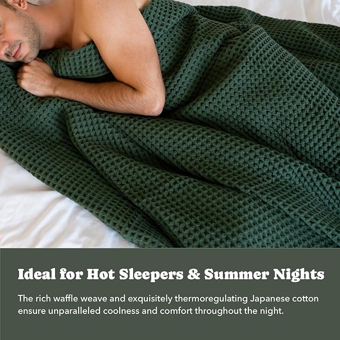 Luxury Organic Japanese Cotton Waffle Towelket Throw Blanket Bedspread for All Sleepers | Soft, Breathable and Thermoregulating (Forest Green, 67''x91'')