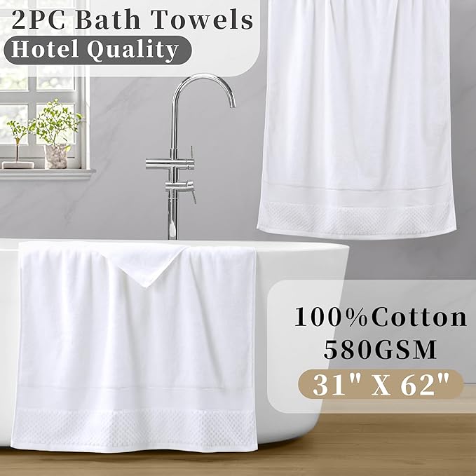 Durable Bath Towels for Bathroom, Set of 2, Large 31"x62" - 100% Cotton | Thick 580GSM | Quick Dry | Soft | Absorbent, Luxury Hotel Towels for Shower, Bath Sheet Set for Guest, Spa & Sauna, White