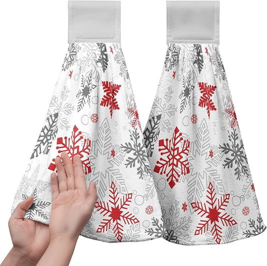 Winter Snowflakes Hanging Dish Towels Red and Grey Snow Bathroom Hand Towel Xmas Holiday Kitchen Towel with Hanging Loop Tie Towels 12x17 Inch Decor for Bathroom Laundry Room Tabletop