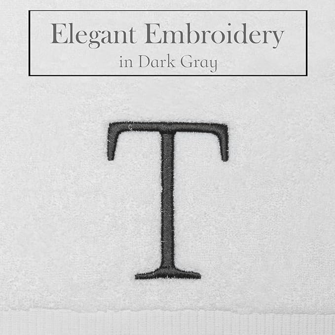 Dark Gray and White Bathroom Hand Towel - Monogrammed Luxury Hotel Quality Decorative Embroidered Towel for Powder Room, Spa - GOTS Organic Certified - Pack of 2, Letter T